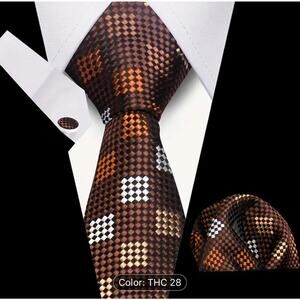 Men’s Silk Coordinated Tie Set - Brown with Gold Silver Bronze Squares